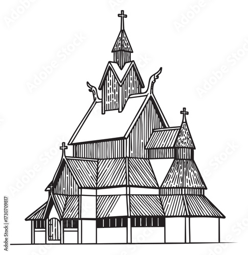 Traditional scandinavian stave church architectural sketch with ornate roof - stock vector