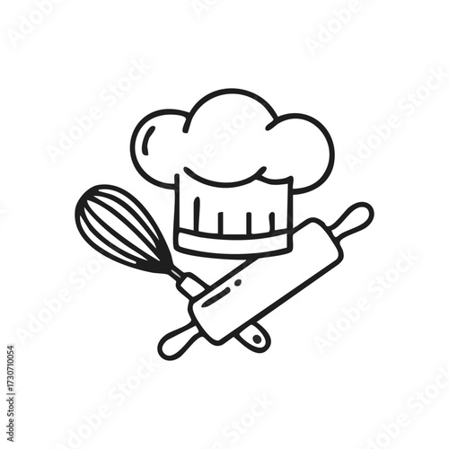 Chef Hat Whisk Rolling Pin Doodle. Minimalist line art illustrates cook's cap, egg beater, and dough roller. It symbolizes gastronomy, homemade deliciousness, and culinary passion.