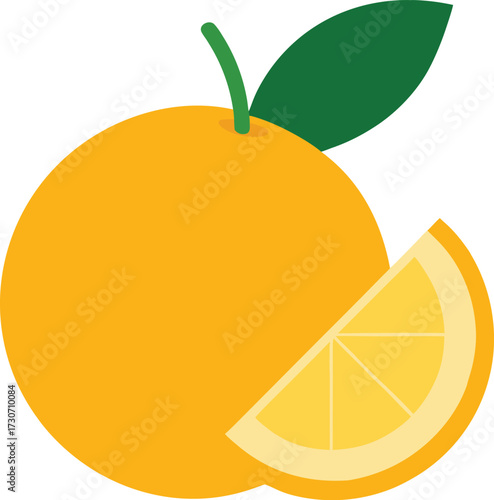 A vibrant flat illustration of a whole orange next to a slice of orange, isolated on a white background