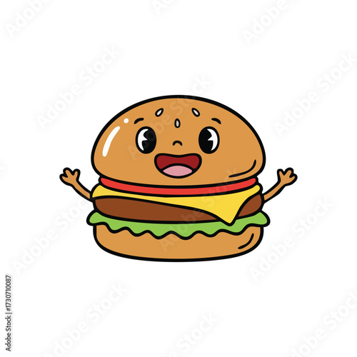 Happy Cartoon Burger Character. This delightful illustrated hamburger radiates joy with its big smile and welcoming arms. A cheerful mascot symbolizing tasty fast food fun.