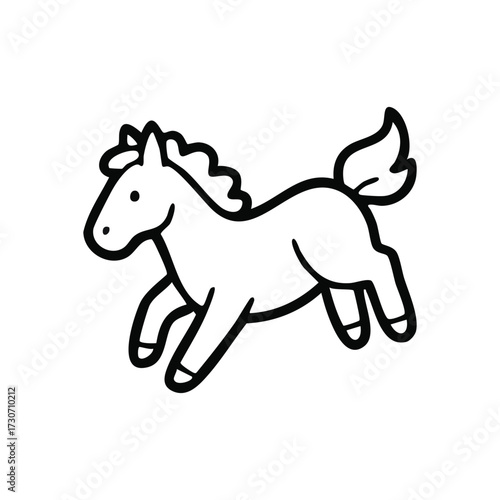 Playful Cartoon Horse Galloping. A delightful line art depiction of a lively foal, conveying vitality and joy. This cheerful animal sketch is perfect for kid-friendly designs.