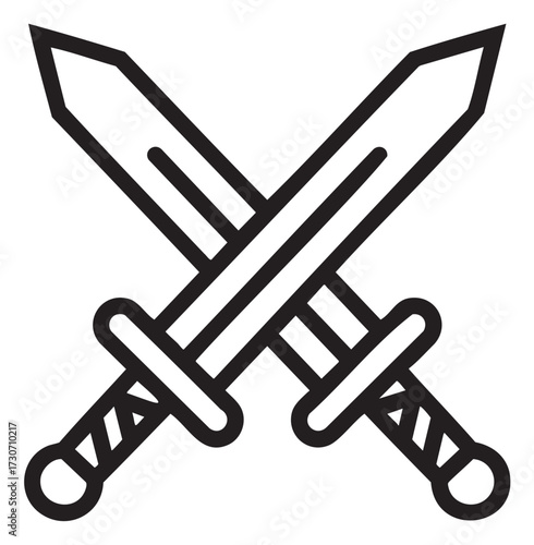 Minimalist crossed swords icon design with simple black lines - stock vector