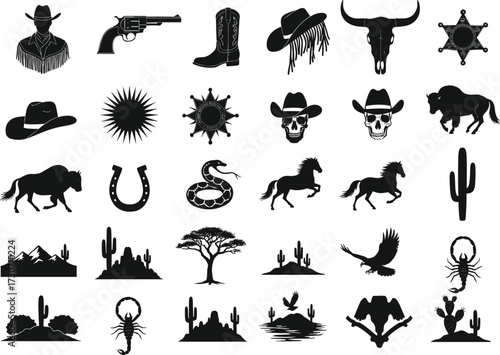 Wild West silhouette icon set, cowboy culture vector, desert landscape, animals and gear, black graphic grid, storytelling elements, frontier theme illustration