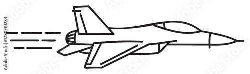 Sleek fighter jet in flight with speed lines outline illustration - stock vector
