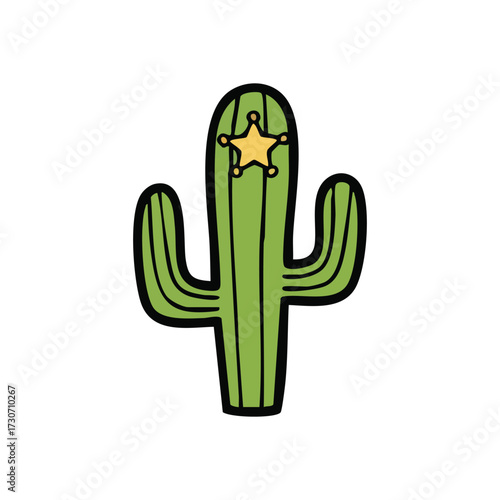 Sheriff Cactus Badge Cartoon. A vibrant green desert plant proudly displays a lawman's star. This whimsical illustration conveys protection and a fun, arid landscape spirit.