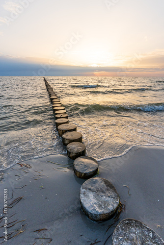 Wunderschöner Sonnenuntergang hinten Buhnen an der Ostsee
