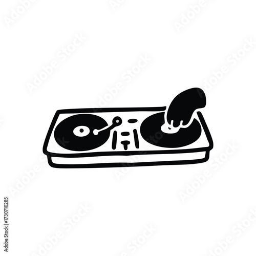 Retro DJ Mixing Deck Illustration. This graphic depicts turntable apparatus for disc jockeys, conveying vibrant party energy and creative sonic expression.