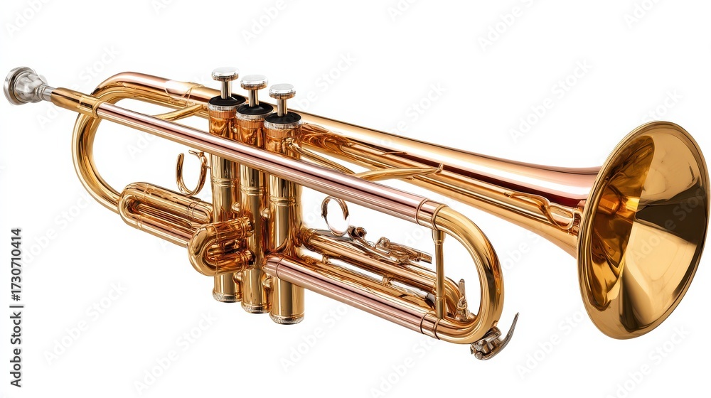 Obraz premium a gleaming gold trumpet rests on a white background isolated on transparent background