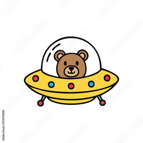 Cute Bear Flying Saucer Adventure. Whimsical illustration of an adorable teddy piloting a vibrant yellow spacecraft. Symbolizes childhood imagination and playful space exploration.
