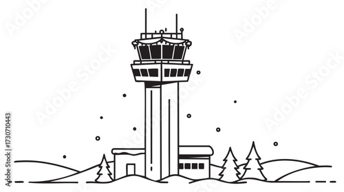 Wintery control tower amid falling snow and pine trees - stock vector