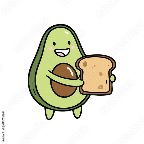 Cheerful Avocado Icon with Bread Slice. This charming vector graphic depicts a friendly fruit holding a piece of toasted sustenance, representing delightful, healthy eating.