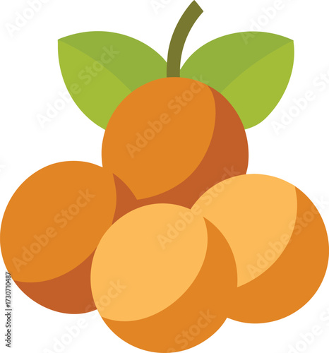 A flat illustration of a cluster of four light brown fruits, possibly plums or apricots, with green leaves, isolated on a white background