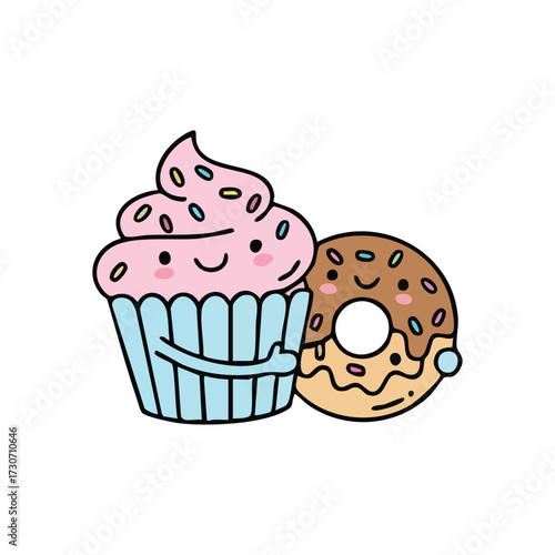 Sweet Treat Friendship Hug. Charming illustration of a delectable cupcake embracing a delightful doughnut. This adorable pair symbolizes warm companionship and pure joy.
