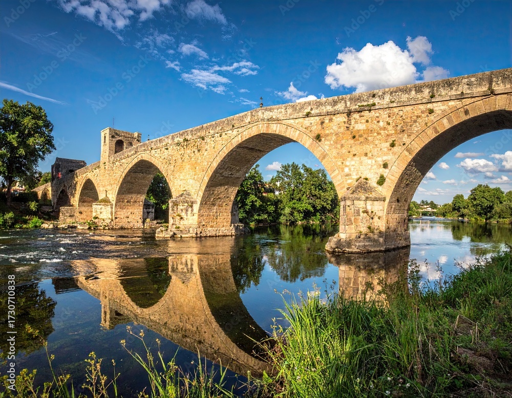 Fototapeta premium Ancient Stone Bridge Reflecting in Calm River Under Sunny Sky