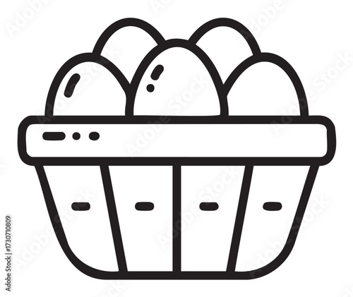 Basket of eggs icon in black and white line art style - stock vector