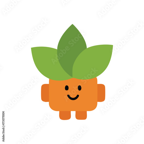 Happy Green Leaf Plant Character. An adorable sprout emblem, radiating cheerfulness and growth. Its simple design with verdant foliage and pleasant expression conveys optimism.