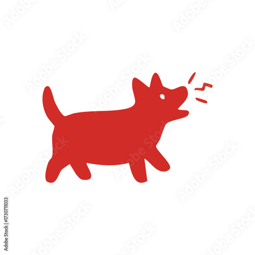 Red Barking Dog Symbol. A vibrant scarlet hound silhouette vocalizing, conveying alertness, communication, or a playful greeting. Ideal for pet care, animal safety, or simple graphic designs.
