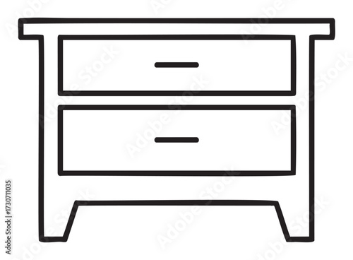 Simple black and white line art of a two-drawer nightstand - stock vector