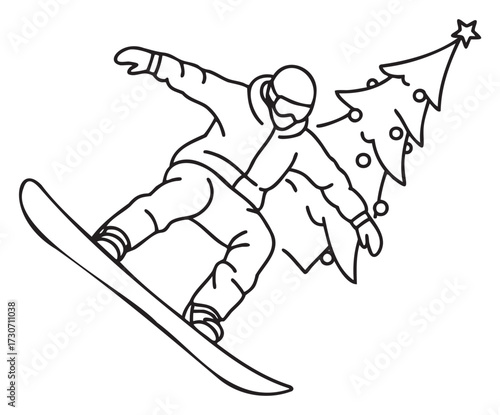 Youthful snowboarder performing trick in winter gear with festive background - stock vector