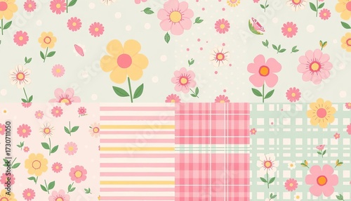 Cute seamless spring patterns featuring primitive flowers, polka dots, stripes, and plaid in pastel colors, primitive, spring floral