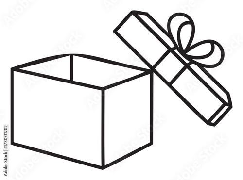 Open gift box with decorative lid and bow outline design - stock vector