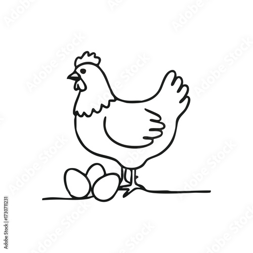 Cartoon Hen with Fresh Eggs. Line art illustration of a domestic fowl standing proudly by its clutch. This simple graphic conveys themes of new beginnings, homesteading, and nature's bounty.