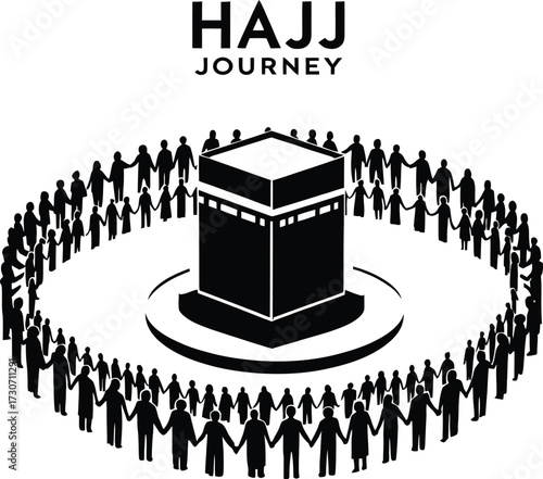 Hajj Journey Vector Featuring Kaaba Surrounded by People Holding Hands in Black and White Line Art Spiritual Style
