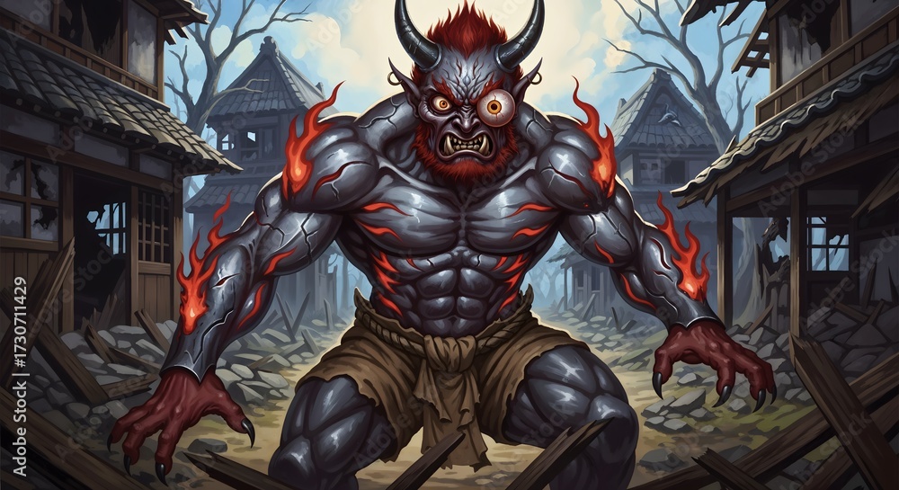 Fototapeta premium Flaming horned oni demon in ruined village