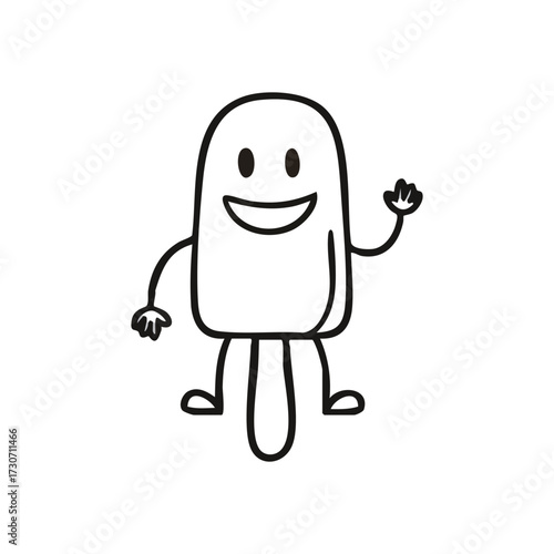 Friendly Ice Pop Character Waving. This playful black and white drawing shows a joyous frozen treat waving hello, symbolizing warmth, happiness, and a welcoming spirit.