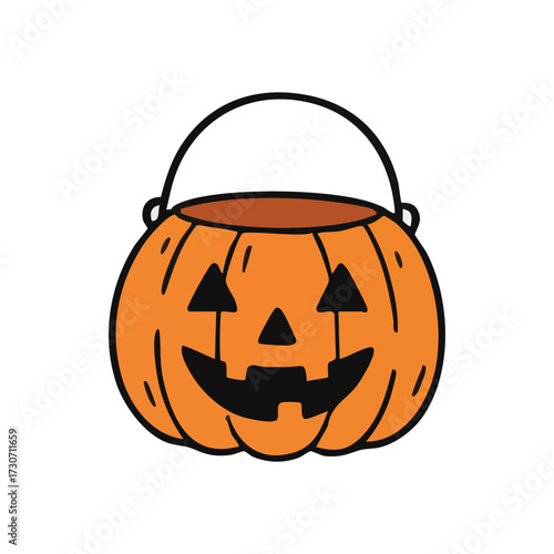 Cartoon Halloween Pumpkin Pail. A cheerful jack o lantern container, perfect for spooky festivities. Represents holiday joy and collecting delightful confectionery.