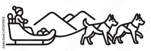 Outline of sled dogs pulling a caucasian young adult in a sled in mountainous landscape - stock vector