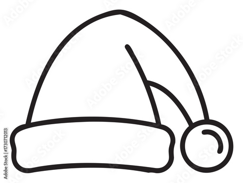 Outline of a classic santa hat with pom-pom and folded brim in black and white - stock vector
