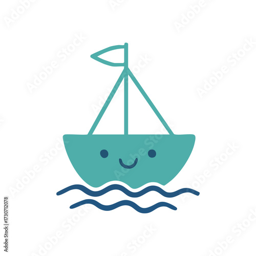 Smiling Sailboat Illustration. A charming turquoise ship with a joyful countenance navigates tranquil blue ocean swells. It symbolizes delightful journeys and carefree maritime adventures.