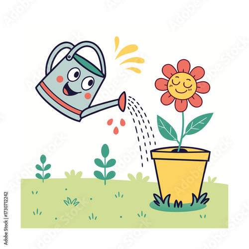 Happy watering can tends to a smiling flower in a yellow pot under the sun isolated on transparent background