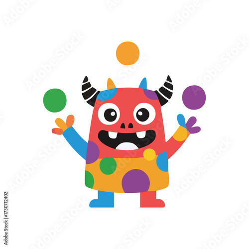 Whimsical Creature Juggling Spheres. A delightful, multi-hued mascot performs a skilled routine with bright, round objects. This amiable critter symbolizes coordination, dexterity, and playful.