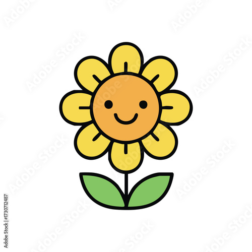 Happy Smiling Sunflower Cartoon. This delightful yellow bloom with a pleasant countenance symbolizes merriment and vitality. Ideal for children's content or garden themed projects.
