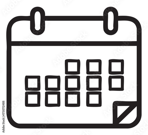 Simple black and white calendar icon with spiral binding and folded corner - stock vector
