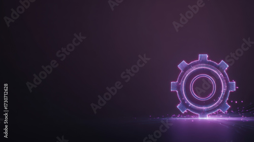 Luminous purple gear, technology concept showing innovation. futuristic, digital, and glowing abstract illustration for modern development and progress on dark background