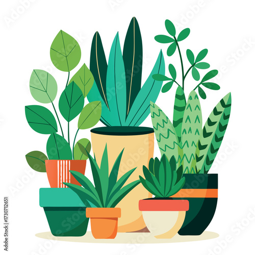 Create a colorful illustration of different potted indoor plants with various shapes, sizes, and leaves