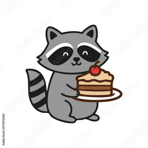 Adorable Raccoon Offers Sweet Pastry. This cheerful woodland creature presents a delectable multi-layered confection. A delightful graphic conveying warmth, sharing, and hospitality.