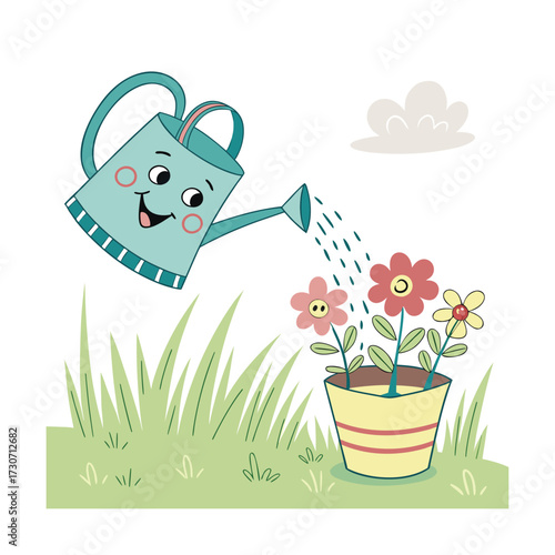 Happy cartoon watering can tending to bright flowers in a garden scene isolated on transparent background