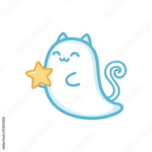 Cute Ghost Cat Holding Golden Star. This adorable spectral feline joyfully grasps a radiant celestial body, symbolizing hopes, dreams, and a touch of enchantment.