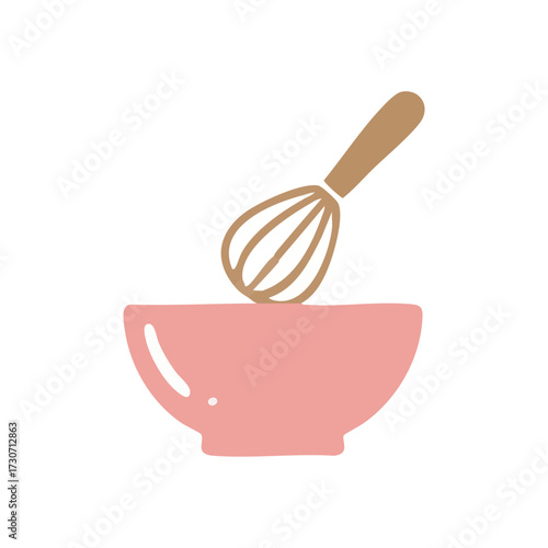 Cute Baking Whisk and Pink Bowl Art. Charming kitchen utensil stirrer in a rosy mixing container, symbolizing culinary creation and sweet homemade treats. Ideal for recipe designs.