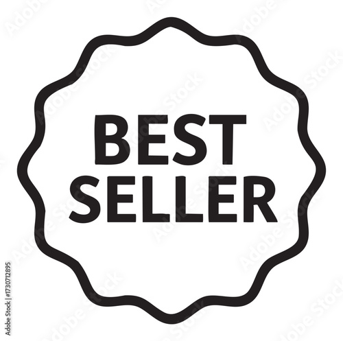 Black and white best seller badge icon with wavy border - stock vector