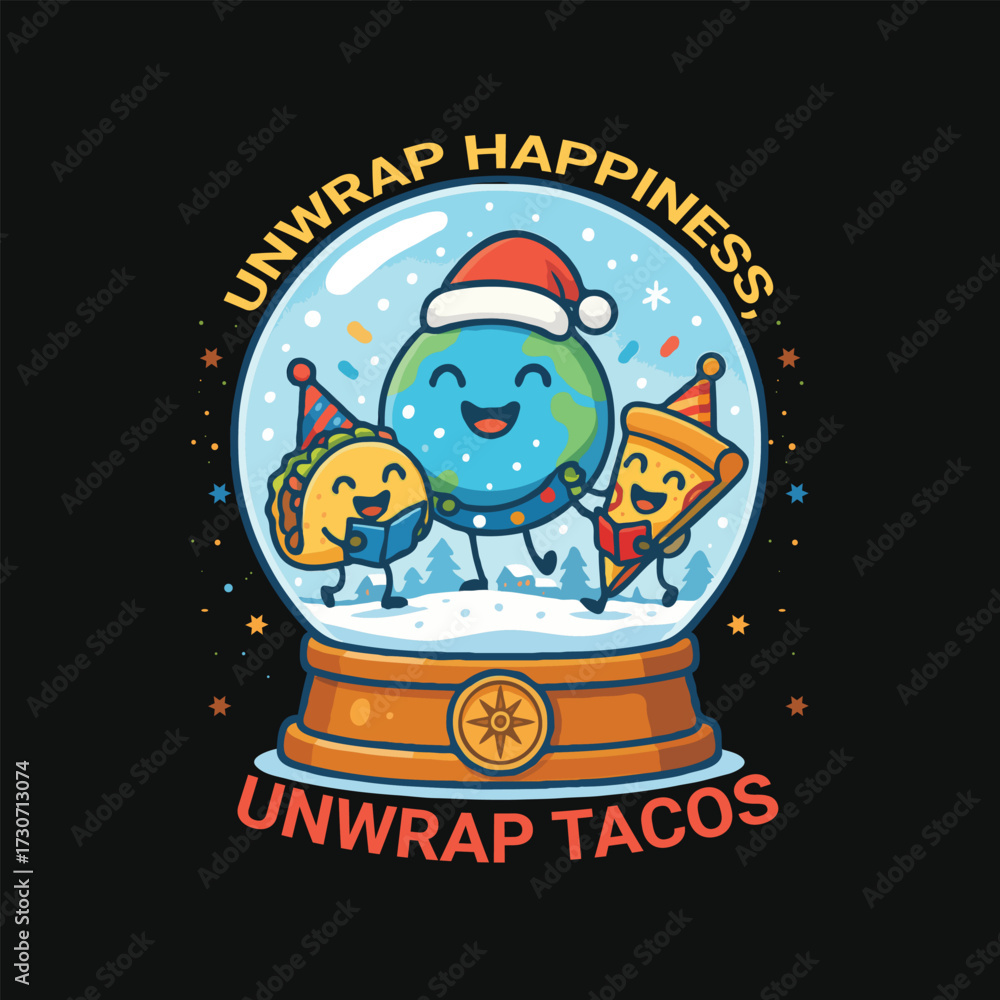 Obraz premium Cute Earth Taco And Pizza Inside Christmas Snow Globe