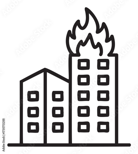 Line illustration of burning building with flames in urban setting - stock vector