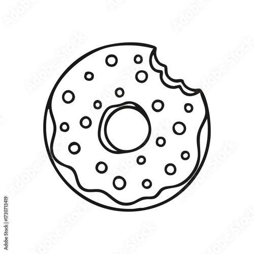 Tasty Doughnut Line Art Design. Minimalist graphic depicts a delectable pastry with a missing morsel, representing sweet cravings, simple indulgence, and instant gratification.