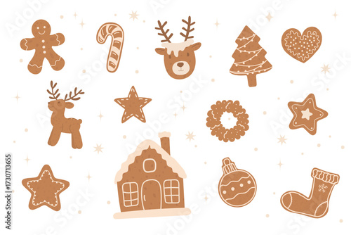 Cute set of christmas gingerbread cookies. New Year stickers. Perfect for greeting cards, invitations. Vector illustration