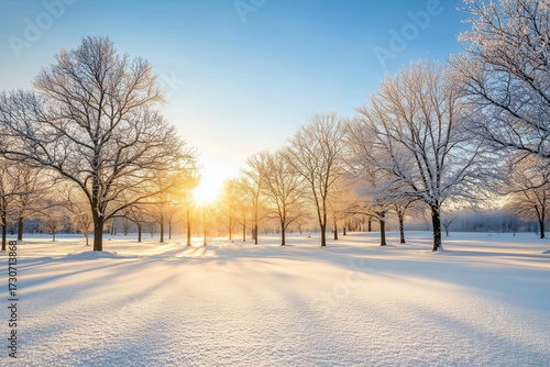 Winter landscape snowy trees shining sunlight cold morning scene