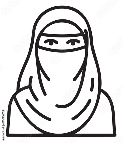 Simple line drawing of person wearing niqab with minimalist style - stock vector